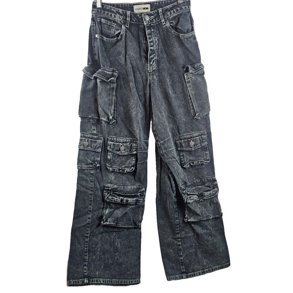 Fashion Nova Cargo Jeans Womens 27 Dark Faded Wash Wide Leg Y2K Utility Pants